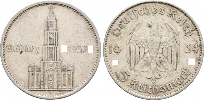 (1934F) Монета Германия (Рейх) 1934 год 5 марок &quot;Кирха в Потсдаме&quot;  C подписью Серебро Ag 900  XF