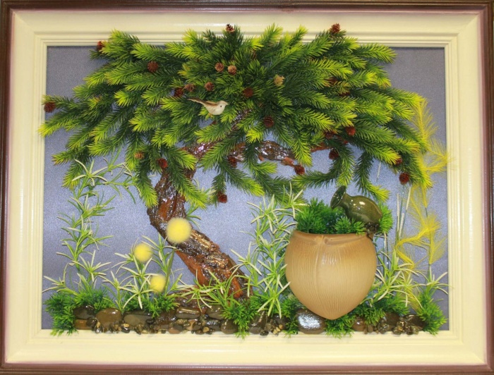 Настенное панно "Родник" с электрическим фонтаном, пластик, камни, дерево (см. фото)