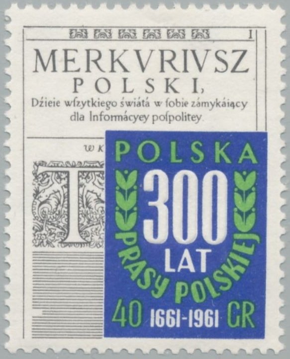 (1961-003) Марка Польша &quot;Газета 'Речь посполита'&quot;   300 лет Польской прессе II Θ