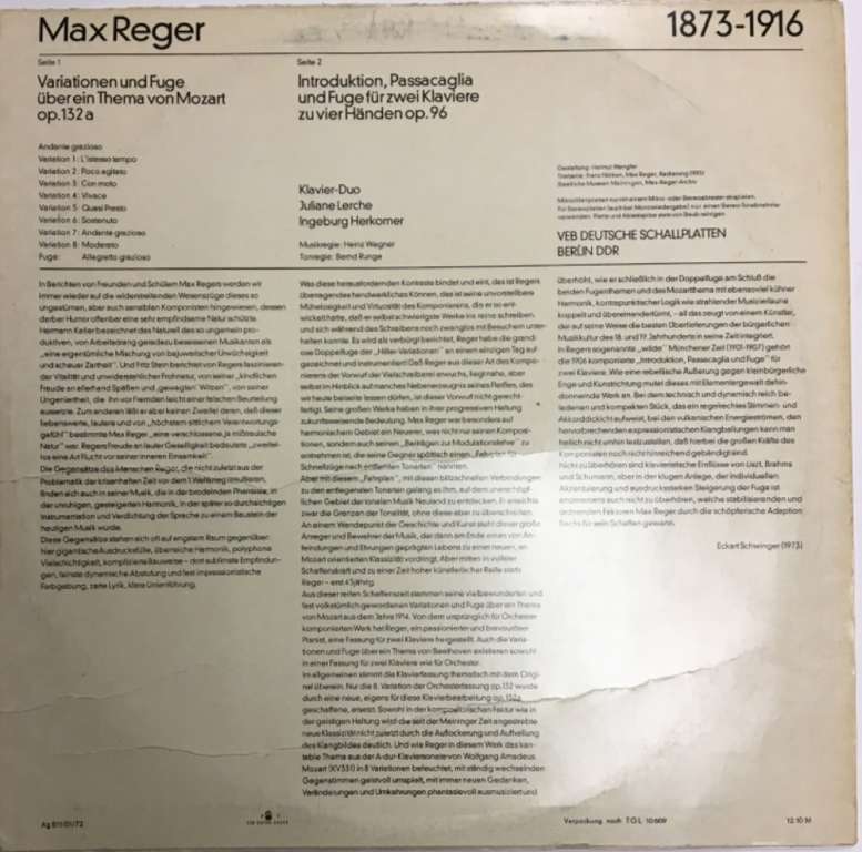 Пластинка виниловая &quot;M. Reger. Mozart-Variationen op. 132 a&quot; ETERNA 300 мм. (Сост. на фото)