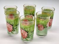 Стаканы 6 штук стекло с цветочным рисунком розовые Пионы на зеленом фоне высота 9,5 см