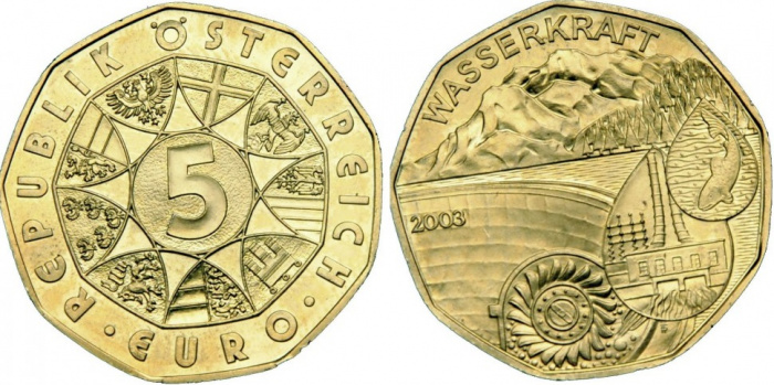 (002) Монета Австрия 2003 год 5 евро &quot;Гидроэнергия&quot;  Позолота Серебро Ag 800  UNC
