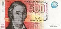 1986 Litt A Банкнота Финляндия 1986 год 500 марок Элиас Лённрот Ollila - Hamalainen  UNC