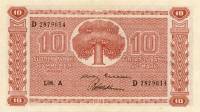 (1945 Litt A) Банкнота Финляндия 1945 год 10 марок    UNC