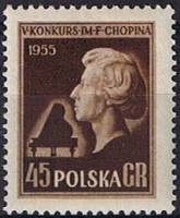 (1954-046) Марка Польша "Ф. Шопен (Лилово-коричневая)"   5-й Международный фортепианный конкурс II Θ