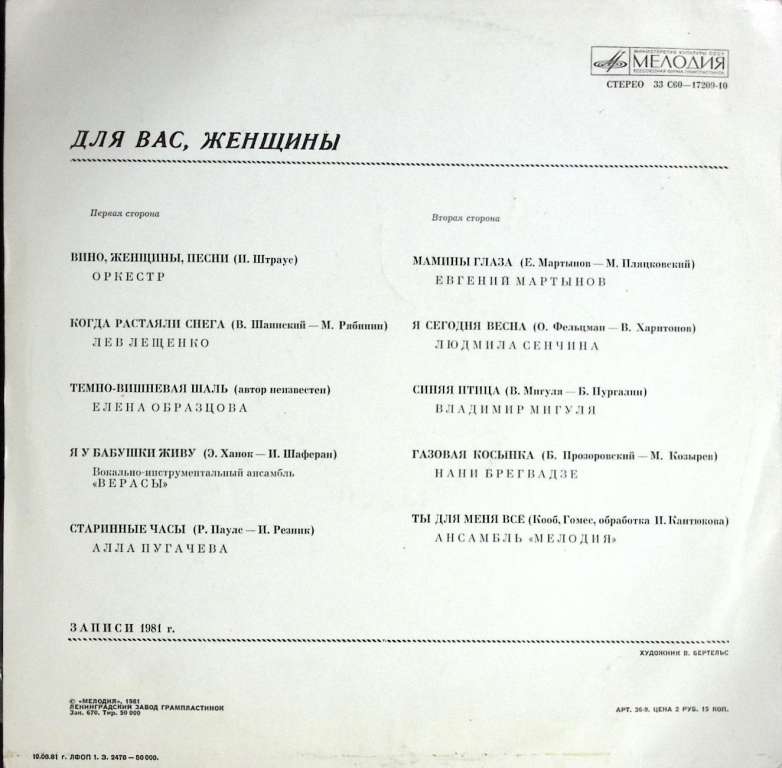 Пластинка виниловая , Для вас женщины Мелодия 300 мм. (Сост. на фото)