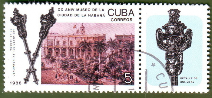 (1988-093) Марка + купон Куба &quot;Церемониальные жезлы&quot;    30 лет музея Гаваны III Θ