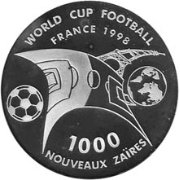 (№1997km28) Монета Заир 1997 год 1,000 Zaires (16-й Чемпионат мира по футболу 1998 Франция)