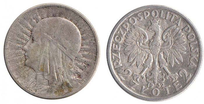 (1932) Монета Польша 1932 год 2 злотых &quot;Ядвига&quot;  Серебро Ag 750  VF