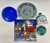 Хлебница, десертные тарелки 2 шт, тарелка с высокой крышкой, стекло, керамика, фарфор, 5 предметов