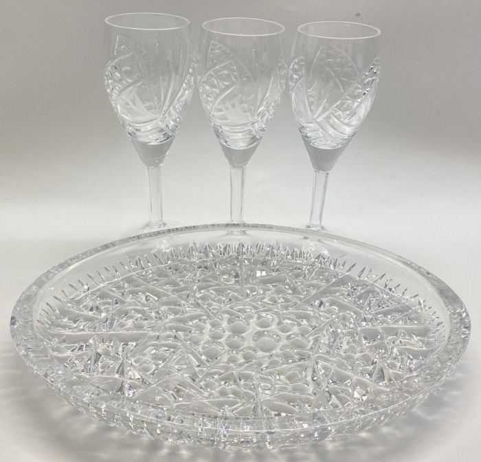 Блюдо и 3 бокала хрусталь СССР