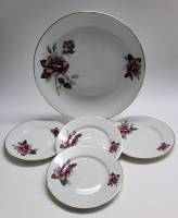 Блюдо и 4 десертных тарелки фарфор Чехословакия Богемия винтаж для сервировки тортов десертов