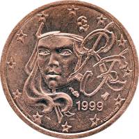 (1999) Монета Франция 1999 год 2 цента   Сталь, покрытая медью  UNC
