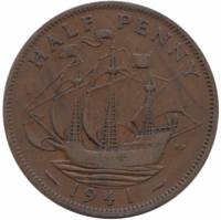 (1941) Монета Великобритания 1941 год 1/2 пенни "Галеон Золотая лань"  Медь  XF