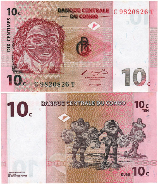(1997) Банкнота Дем Республика Конго 1997 год 10 сантимов &quot;Маска народа пенде&quot;   UNC
