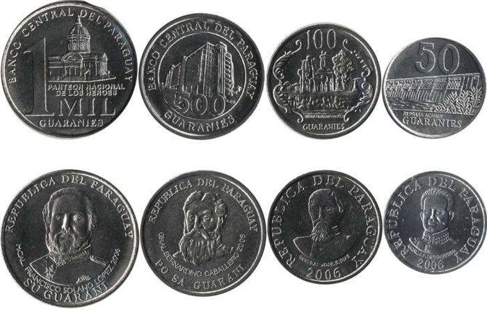 2006-2012 4 монеты 50 100 500 1000 гуарани Набор Парагвай Архитектура    UNC