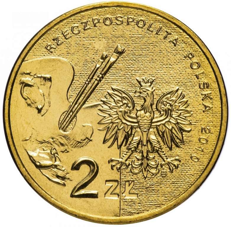 202 Монета Польша 2010 год 2 злотых Артур Гротгер  Латунь  UNC