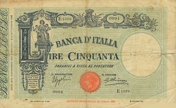 (№1934P-47c.11) Банкнота Италия 1934 год &quot;50 Lire (Fascio)&quot; (Подписи: Azzolini and Cima)