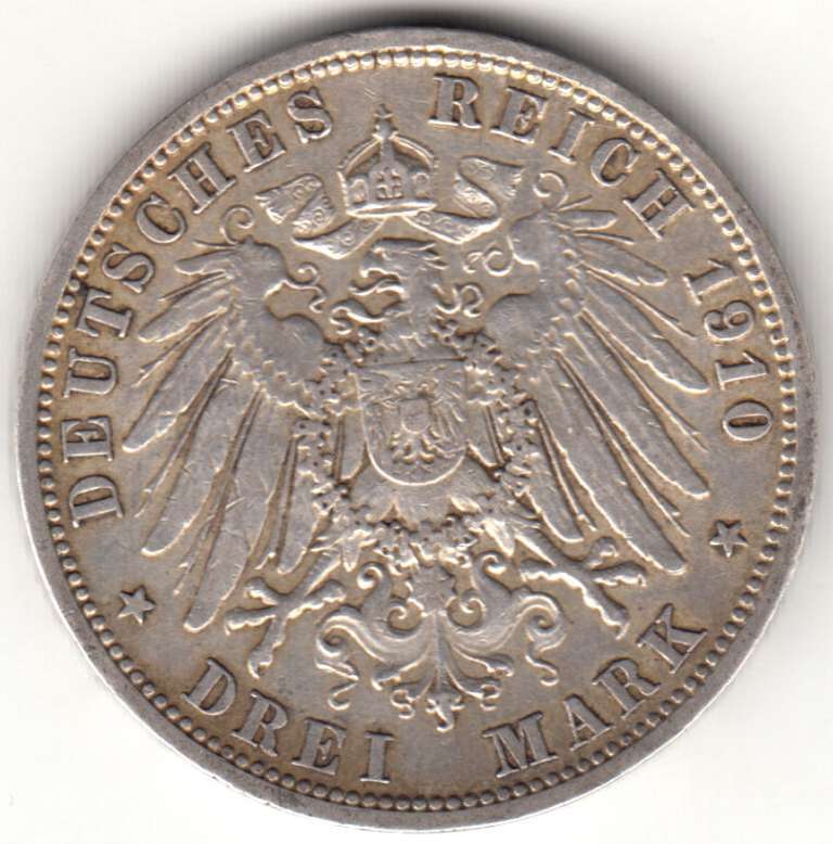 (1910A) Монета Германия 1910 год 3 марки &quot;Вильгельм II&quot;  Серебро Ag 900  XF