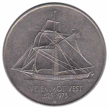 (1975) Монета Норвегия 1975 год 5 крон &quot;Иммиграция в Америку 150 лет Корабль&quot;  Медь-Никель  UNC