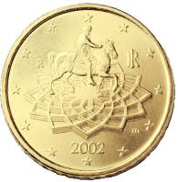 2002 Монета Италия 2002 год 50 центов 1. Старая карта ЕС Латунь  UNC