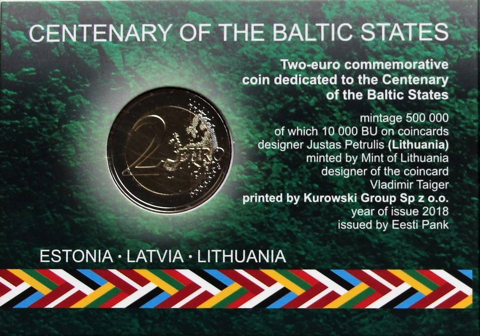(005) Монета Эстония 2018 год 2 евро &quot;100 лет независимости Прибалтики&quot;  Биметалл  Буклет