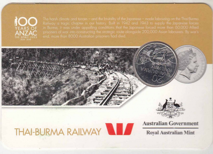 (2016) Монета Австралия 2016 год 20 центов &quot;Тайско-Бирманская железная дорога&quot;  Медь-Никель  Блистер