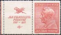 (1937-024) Марка + купон Чехословакия "Я. Пуркине (Карминовая)"    150 лет со дня рождения Я. Пуркин