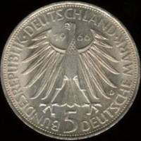 () Монета Германия (ФРГ) 1966 год 5  ""   Биметалл (Серебро - Ниобиум)  UNC