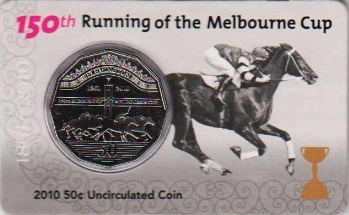 (2010) Монета Австралия 2010 год 50 центов &quot;Кубок Мельбурна. 150 лет&quot;  Медь-Никель  Буклет