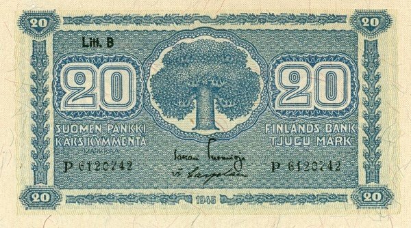 (1945 Litt B) Банкнота Финляндия 1945 год 20 марок  Tuomioja - Carpelan  UNC