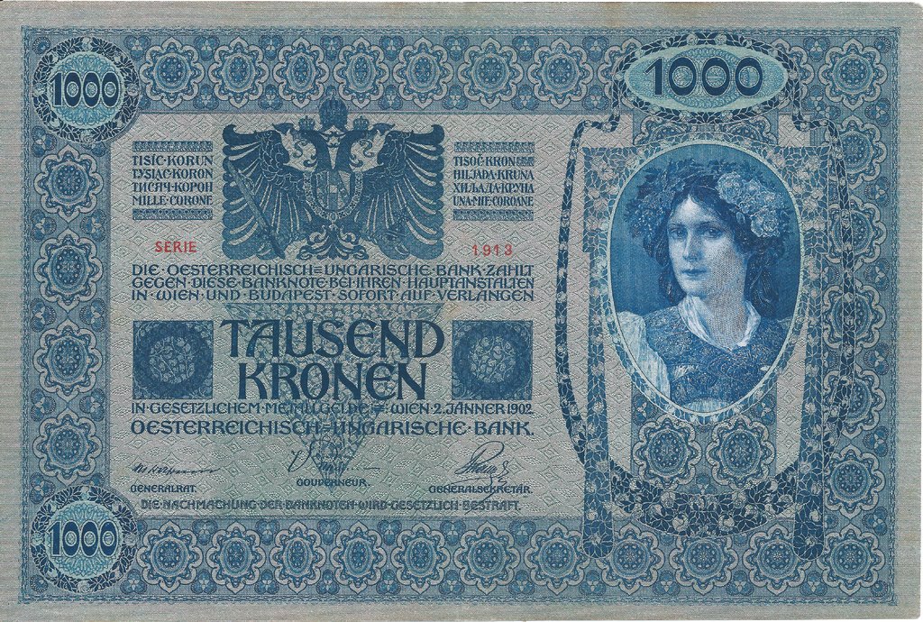 (1919) Банкнота Австро-Венгрия 1919 год 1 000 крон &quot;Вертик надпечатка на боне 1902 года&quot;   UNC