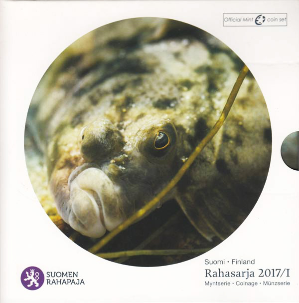 (2017, 8 м + жетон) Набор монет Финляндия 2017 год &quot;Морская камбала&quot;   Буклет