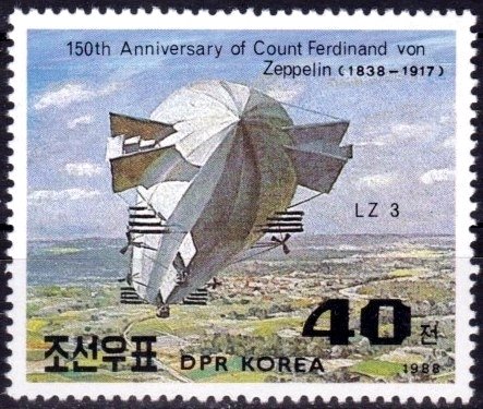(1988-060) Марка Северная Корея "LZ 3"   150 лет со дня рождения графа Фердинанда фон Цеппелина I &Theta;