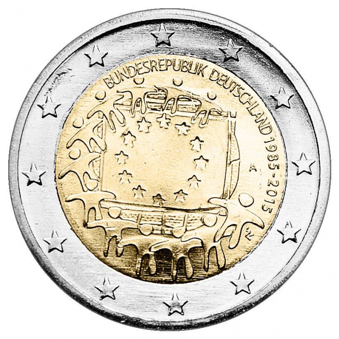 (016) Монета Германия (ФРГ) 2015 год 2 евро &quot;30 лет флагу Европы&quot; Двор A Биметалл  UNC