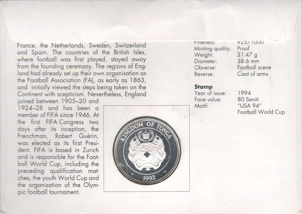 (1992) Монета Тонга 1992 год 1 паанга &quot;ЧМ по Футболу США 1994&quot;  Серебро Ag 925  Буклет с маркой