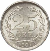 (1907) Монета Швеция 1907 год 25 эре   Серебро Ag 600  UNC