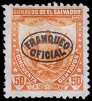 (№1896-35) Марка Сальвадор 1896 год "Герб надпечаткой", Гашеная
