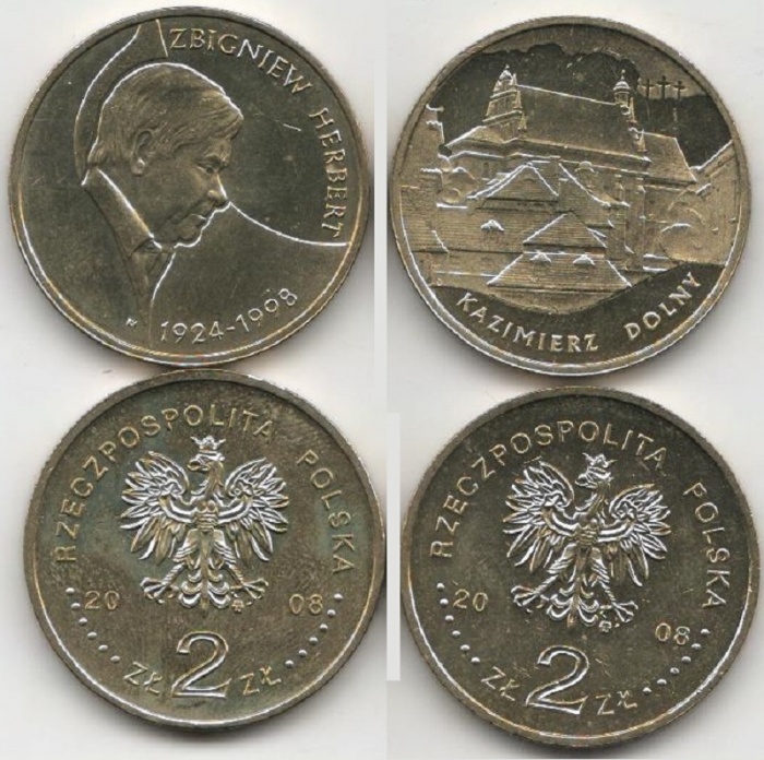159 160 2 монеты по 2 злотых Набор монет Польша 2008 год   UNC