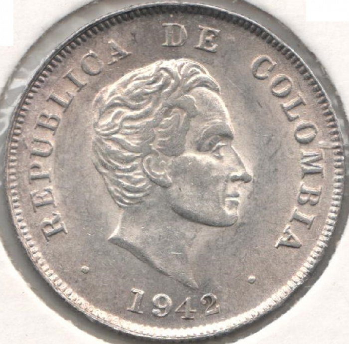 (1942) Монета Колумбия 1942 год 20 центаво &quot;Симон Боливар&quot;  Серебро Ag 900  UNC