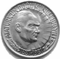 () Монета Турция 1981 год 1  ""   Биметалл (Серебро - Ниобиум)  AU