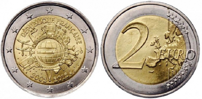 (006) Монета Франция 2012 год 2 евро &quot;10 лет наличному обращению Евро&quot;  Биметалл  UNC