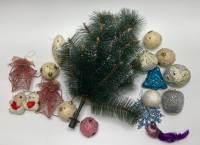 Ёлочные игрушки из ткани и нитей 17 шт + ёлка