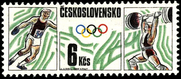 (1988-005) Марка Чехословакия &quot;Метание диска, штанга&quot;    Олимпийские игры в Калгари и Сеуле I Θ