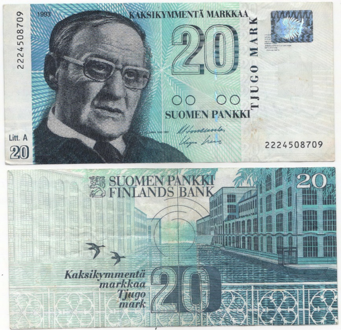 (1993 Litt A) Банкнота Финляндия 1993 год 20 марок &quot;Вяйнё Линна&quot; Louekoski - Levo  VF