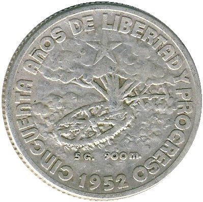 (1952) Монета Куба 1952 год 20 центаво &quot;Республика. 50 лет&quot;  Серебро Ag 900  VF