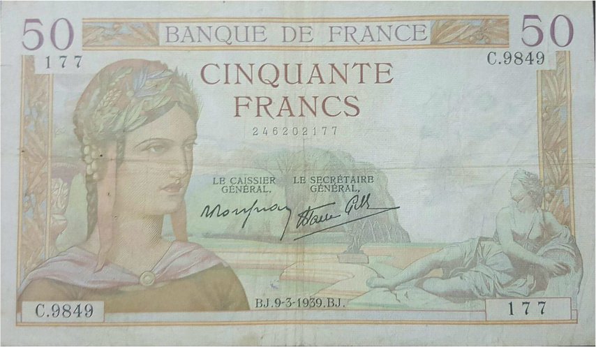 (№1939P-85b.8) Банкнота Франция 1939 год &quot;50 Francs&quot; (Подписи: P)