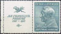 (1937-022) Марка + купон Чехословакия "Я. Пуркине (Зелено-голубая)"    150 лет со дня рождения Я. Пу