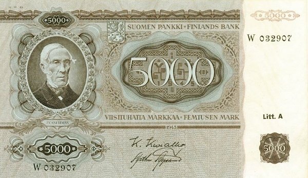 (1945 Litt A) Банкнота Финляндия 1945 год 5&nbsp;000 марок    UNC