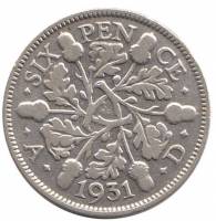 (1931) Монета Великобритания 1931 год 6 пенсов "Георг V"  Серебро Ag 500  UNC